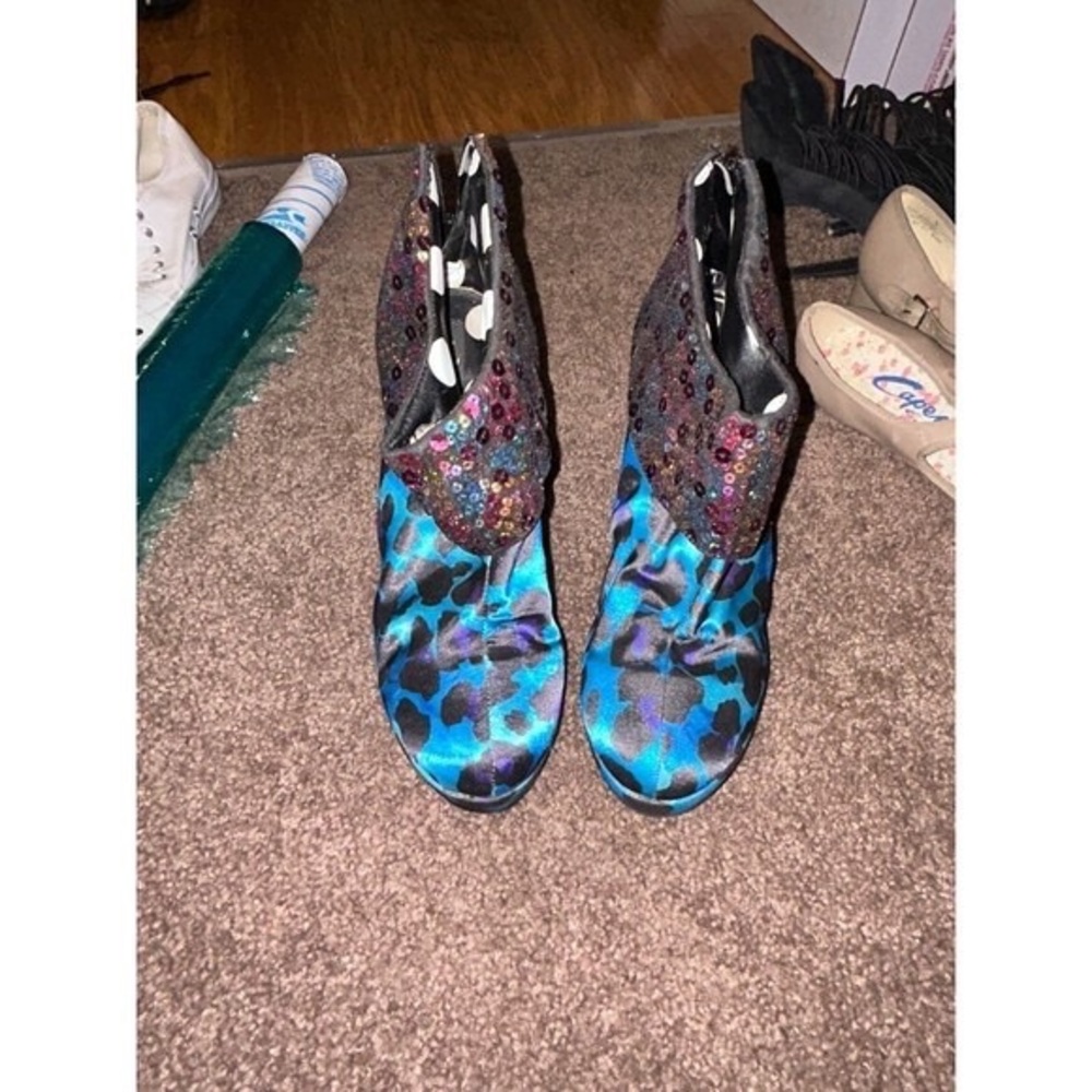Iron Fist Blue and Black Leopard Print Sequined Ankle Boots